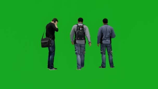 Tres Empleados Diferentes Pasajeros Estudiantes Pantalla Verde Trabajar Hablar Teléfono — Vídeo de stock