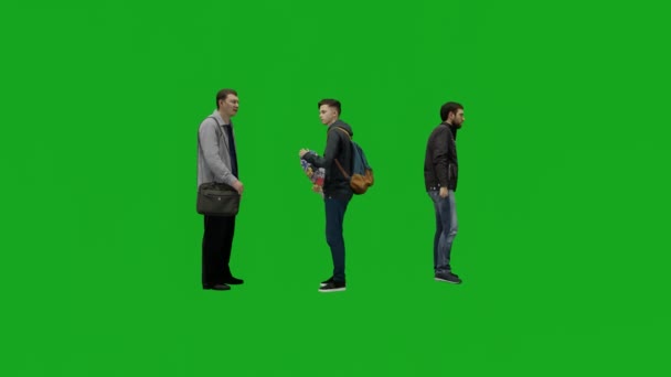 3人の異なる男性学生が大学の3Dを話す緑の画面 — ストック動画