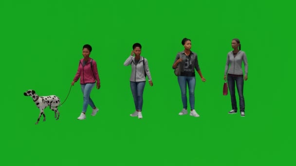 Τέσσερις Διαφορετικές Αφρικανικές Γυναίκες Πράσινη Οθόνη Μιλώντας Και Περπατώντας Προβολή — Αρχείο Βίντεο