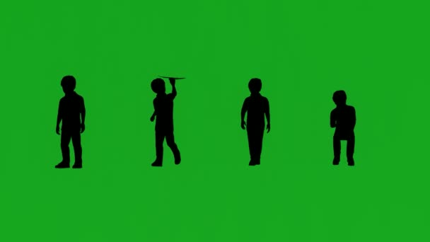 Silhouet Vier Verschillende Jongens Groen Scherm Spelen Wandelen Animatie — Stockvideo