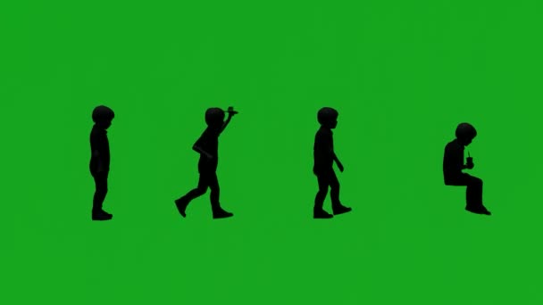 Σιλουέτα Τέσσερα Διαφορετικά Αγόρια Πράσινο Οθόνη Παίζει Και Περπάτημα Κινούμενη — Αρχείο Βίντεο