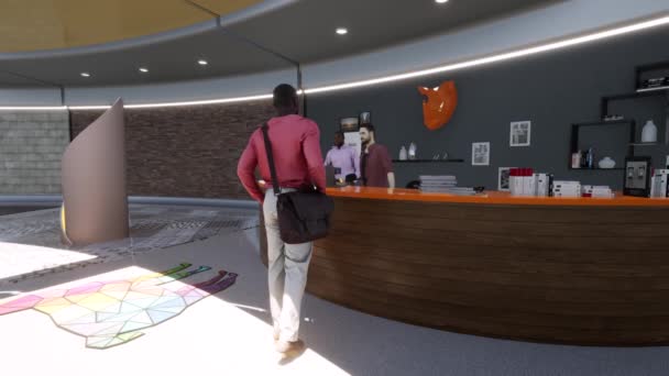 3Dアフリカ人男性がホールでホテルを予約 — ストック動画