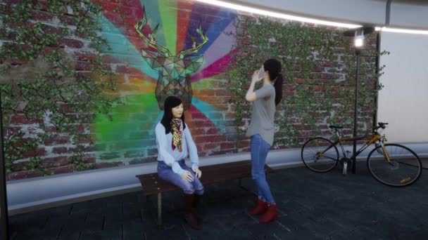 Two Young American Women Talking Phone Sitting Sidewalk — Stock Video