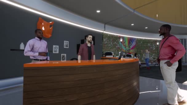 3Dアニメーション3人のアメリカ人男性がカフェを話す — ストック動画