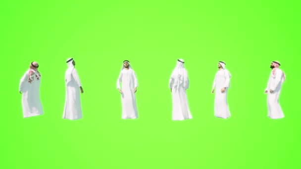 4人のアラブ人の男性が立って座っている3Dグリーンスクリーンショッピング 話して歩く — ストック動画