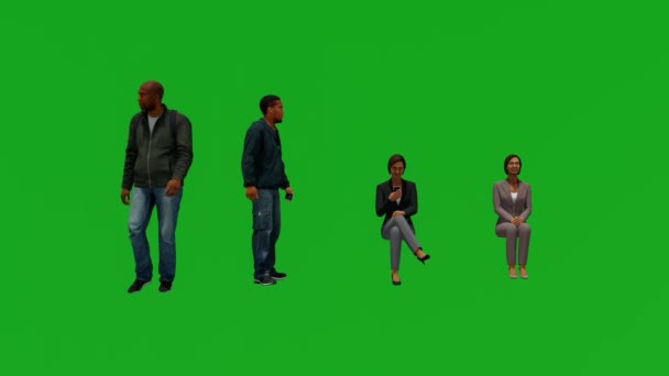Quatro Diferentes Homens Mulheres Negros Sentados Fundo Tela Verde Andando — Vídeo de Stock