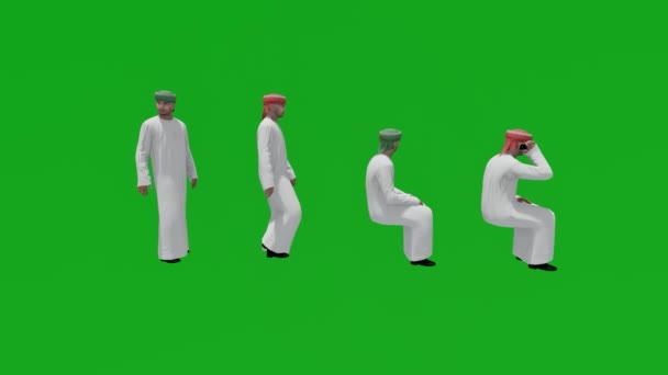 Анімовані Чотири Арабських Чоловіки Стоять Сидять Зелених Магазинах Подорожують Розмовляють — стокове відео