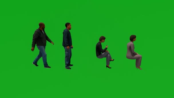 Cuatro Hombres Mujeres Africanos Negros Diferentes Sentados Pie Pantalla Verde — Vídeo de stock