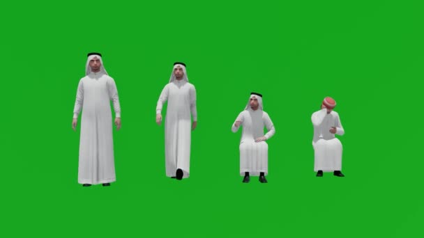 Анімовані Чотири Арабських Чоловіки Стоять Сидять Зелених Магазинах Подорожують Розмовляють — стокове відео