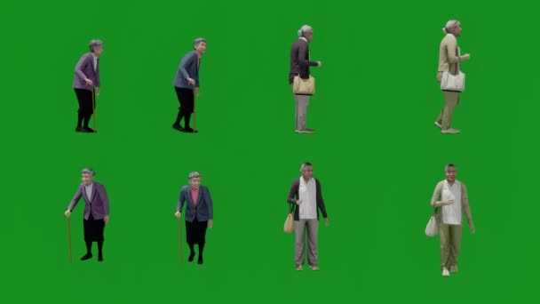 3D異なる古いアジアの女性緑の画面の歩行と話やショッピング複数の角度クロマ4K — ストック動画