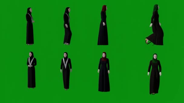 3Dいくつかの異なるアラブイスラム教徒の女性緑の画面の歩行や会話やショッピング複数の角度クロマ4K — ストック動画