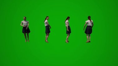 Beyaz, genç bir kadın. 3D yeşil ekran. Mesajlaşıyor, konuşuyor ve yürüyor.