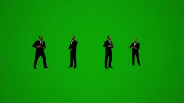 3D animasyon adamı kostümü ve resmi yeşil ekran ofiste yürüyor ve telefonla konuşuyor ve film çekiyor.
