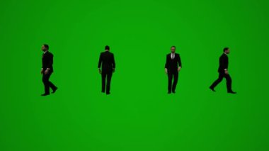 3D animasyon adamı kostümü ve resmi yeşil ekran ofiste yürüyor ve telefonla konuşuyor ve film çekiyor.