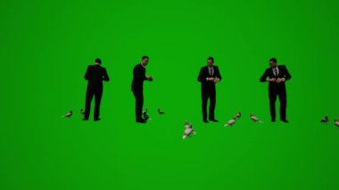 3D animasyon adamı kostümü ve resmi yeşil ekran ofiste yürüyor ve telefonla konuşuyor ve film çekiyor.