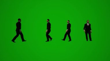 3D animasyon adamı kostümü ve resmi yeşil ekran ofiste yürüyor ve telefonla konuşuyor ve film çekiyor.