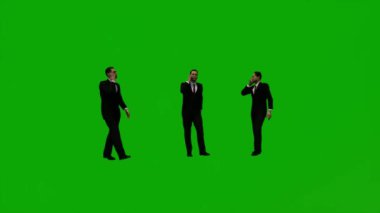 3D animasyon adamı kostümü ve resmi yeşil ekran ofiste yürüyor ve telefonla konuşuyor ve film çekiyor.