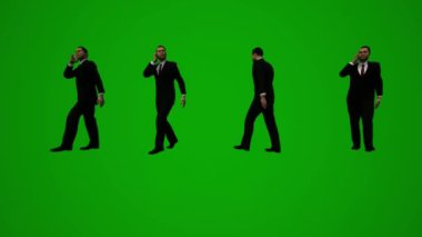3D animasyon adamı kostümü ve resmi yeşil ekran ofiste yürüyor ve telefonla konuşuyor ve film çekiyor.