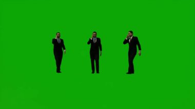 3D animasyon adamı kostümü ve resmi yeşil ekran ofiste yürüyor ve telefonla konuşuyor ve film çekiyor.