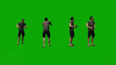 3D animasyon Avrupalı model yeşil ekran adam yürüyor ve fotoğraf çekiyor ve parkı çalıştırıyor