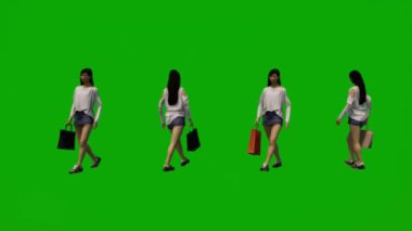 3D animasyon Asyalı ve Çinli kadın yeşil ekran yürüyüşü, alışveriş ve çanta ile seyahat