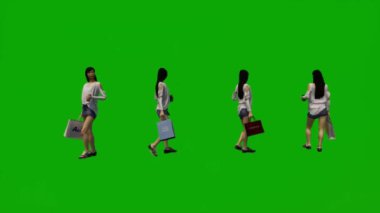 3D animasyon Asyalı ve Çinli kadın yeşil ekran yürüyüşü, alışveriş ve çanta ile seyahat