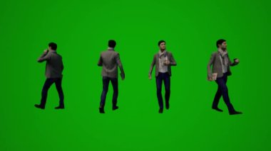 Üç boyutlu Avustralyalı birkaç farklı yeşil ekran arka planda telefonla konuşuyor, yürüyor ve cep telefonu kromasıyla çalışıyor.