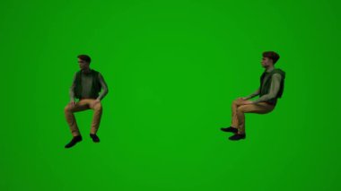 3 boyutlu Rus turist yeşil ekranda oturuyor, telefonla konuşuyor, oyunlar oynuyor ve havalimanı animasyonunda konuşuyor.