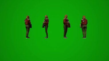 3D animasyon Asyalı ve Çinli kadın yeşil ekran cep telefonu konuşuyor ve sokakta yürüyor