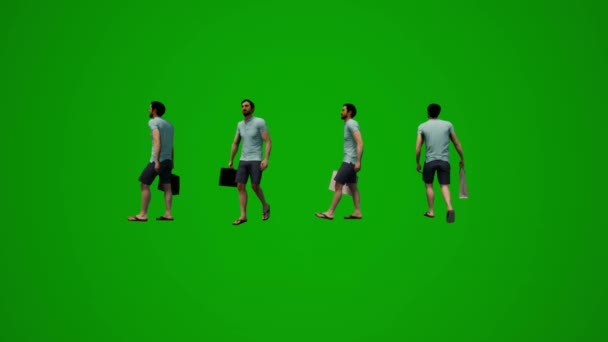 Animado Europeo Modelo Hombre Verde Pantalla Compras Con Bolsa Compras — Vídeo de stock