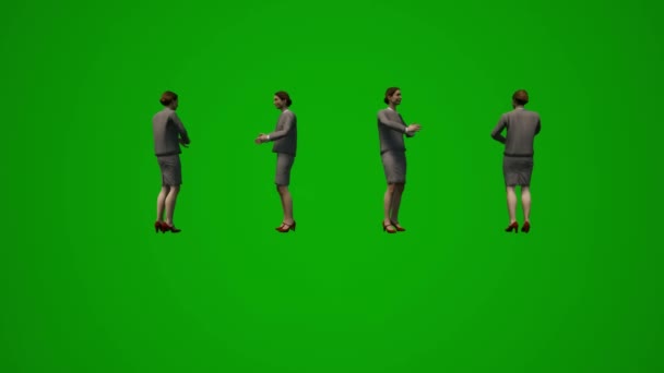 同僚と話す女性従業員3D緑の画面オフィスやホールを歩く — ストック動画