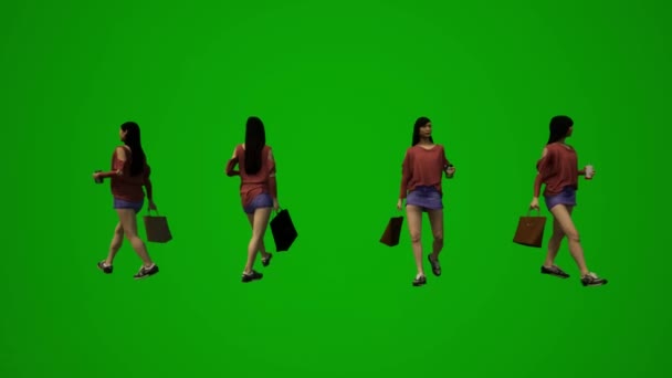 Анімовані Азіатські Китайські Жінки Зелений Екран Ходьби Покупок Подорожі Сумкою — стокове відео