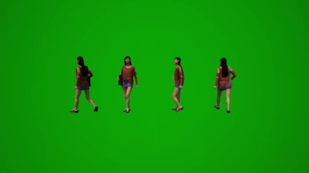 3Dアニメーションアジアと中国の女性緑の画面の歩行やショッピングやバッグと一緒に旅行 — ストック動画