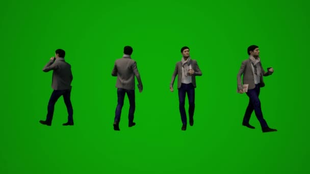 3Dいくつかの異なるオーストラリアの男性緑の画面の背景は 電話を話して歩くと携帯電話のクロマと作業 — ストック動画