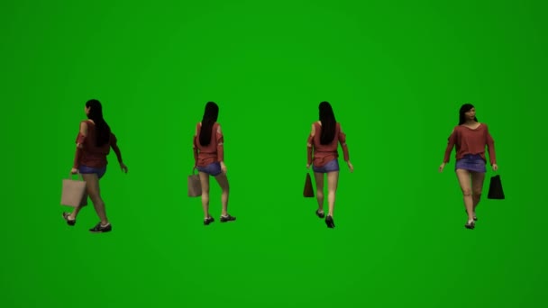 3Dアニメーションアジアと中国の女性緑の画面携帯電話を話して通りを歩く — ストック動画