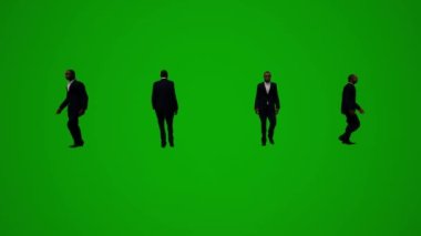 3D erkek koruma aktör yeşil ekran konuşuyor, yürüyor ve cep telefonuyla çeşitli açılardan çalışıyor.