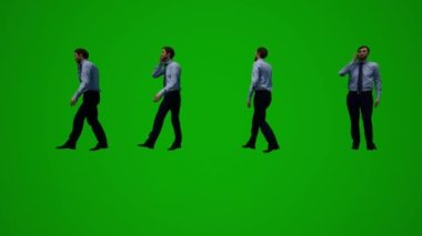 3D erkek federal ajan yeşil ekran insanlarla konuşuyor ve telefon görüşmeleri yapıyor ve farklı açılardan yürüyor.