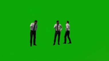 3D erkek federal ajan yeşil ekran insanlarla konuşuyor ve telefon görüşmeleri yapıyor ve farklı açılardan yürüyor.