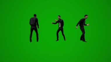 Üç boyutlu erkek hükümet müfettişi yeşil ekran dansı ve konuşma ve ofiste yürüme farklı görüşler