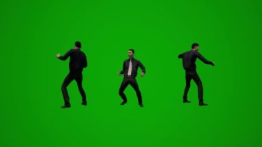 Üç boyutlu erkek hükümet müfettişi yeşil ekran dansı ve konuşma ve ofiste yürüme farklı görüşler