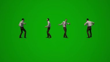 Üç boyutlu erkek hükümet müfettişi yeşil ekran dansı ve konuşma ve ofiste yürüme farklı görüşler