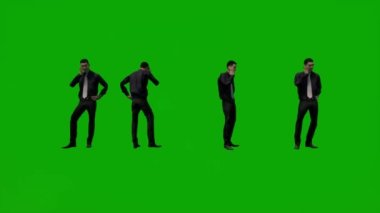 3D erkek hükümet müfettişi yeşil ekranda konuşan cep telefonu ve düşünen ve yürüyen ofis çeşitli görüşleri var.