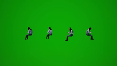 3D Asyalı satış elemanı yeşil ekran oturma, gevşeme ve konuşma çok sayıda farklı görünüm