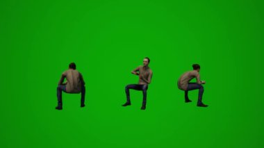 3D erkek hemşire yeşil ekranda oturuyor, rahatlıyor ve iş arkadaşlarıyla birkaç farklı açıdan konuşuyor.