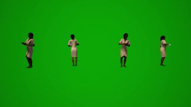 3D siyah Afrikalı hizmetçi kadın yeşil ekranda oturuyor, çalışıyor ve değişik görüşleri var.