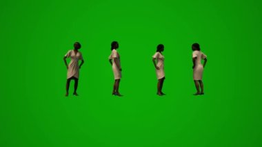 3D Afrikalı zenci kadın hizmetçi yeşil ekran konuşuyor, yürüyor ve cep telefonuyla çalışıyor.