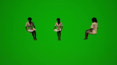 3D siyah Afrikalı hizmetçi kadın yeşil ekranda oturuyor, çalışıyor ve değişik görüşleri var.