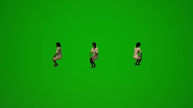 3D siyah Afrikalı hizmetçi kadın yeşil ekranda oturuyor, çalışıyor ve değişik görüşleri var.