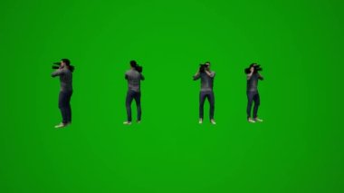 3D erkek şirket çalışanı yeşil ekran konuşuyor, yürüyor ve cep telefonuyla çalışıyor.