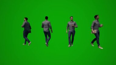 3D erkek şirket çalışanı yeşil ekran konuşuyor, yürüyor ve cep telefonuyla çalışıyor.